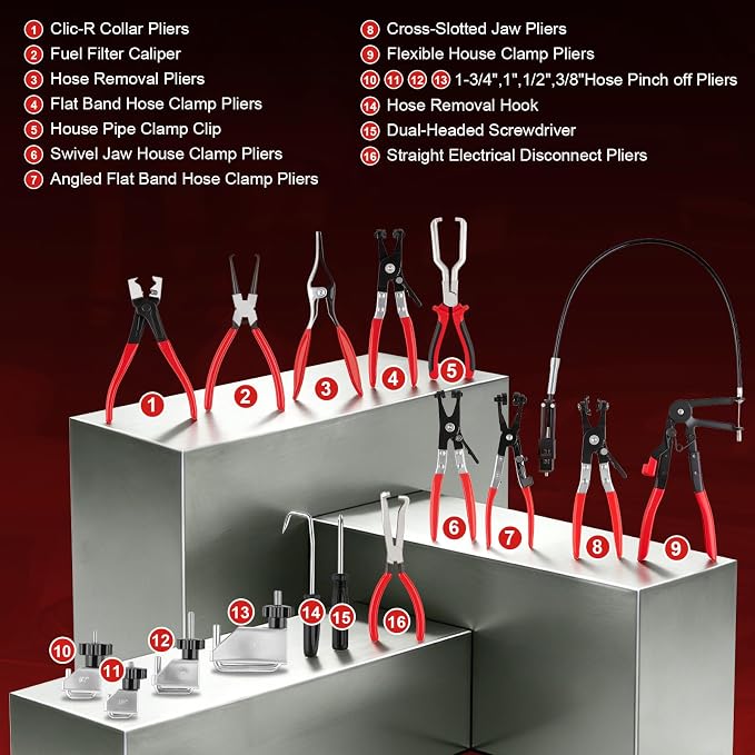18PCS Hose Clamp Pliers, Hose Clamp Removal Tool Kit with Long Reach & Flexible Wire Tools for Fuel, Oil, Coolant, Radiator Hoses and Electrical Disconnect