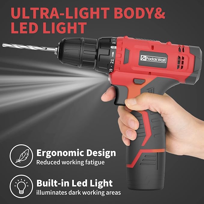 Fadakwalt Cordless Drill Set, 20V Electric Power Drill with Battery And Charger