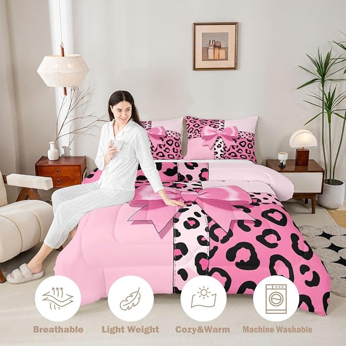 Feelyou Pink Leopard Print Comforter Set All Season Cheetah Bow Bedding Set with 2 Pillow Cases Animal Fur Microfiber Kids Full Bedclothes Bedroom Decor Duvet Quilt Breathable Soft Lightweight
