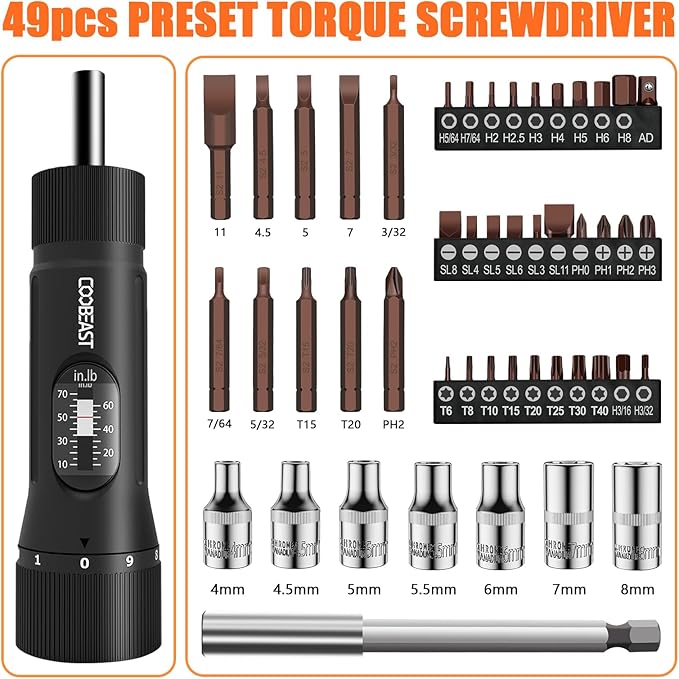 coobeast 49 Pcs Torque Screwdriver 10-70 Inch Pound Torque Screwdriver Set with S2 Bits & Sockets, 1/4” Drive Torque Wrench Screwdriver Set for Maintenance, Tools, Bike Repairing and Mounting