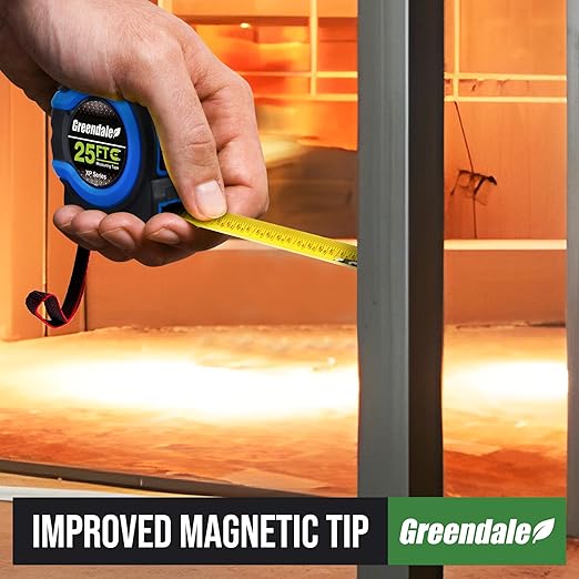 Greendale – 6 Pack Tape Measures 25 ft – Easy-Read Fractions, Magnetic Tip, Quick-Lock & Auto-Retract – Heavy-Duty Measuring Tape with Belt Clip – Blue