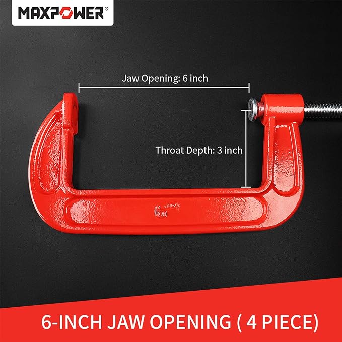 MAXPOWER 6-inch C Clamps Set, 3-inch Throat Depth, Pack of 4, Heavy Duty Ductile Cast Iron C-clamps for Welding, Woodworking, Metal Workpiece