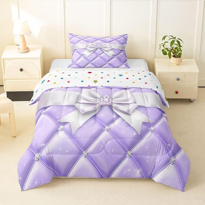 Feelyou Cute Purple Bow Kids Comforter Set Toddler Size Glitter Bowknot Bedding Set Princess Duvet Quilt for Kids Boys Girls Bedroom Decor Microfiber Ultra Soft Breathable
