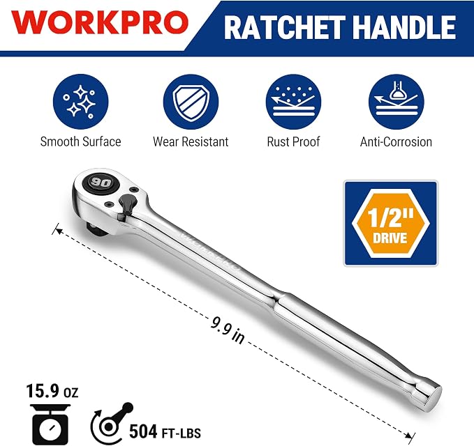 WORKPRO 1/2-Inch Drive Low-Profile Ratchet, 90-Tooth Ratchet Wrench | Quick-Release Socket Wrench for Men Women, Reversible, 4° Swing, CR-MO Compact Drive Head, Full Polished