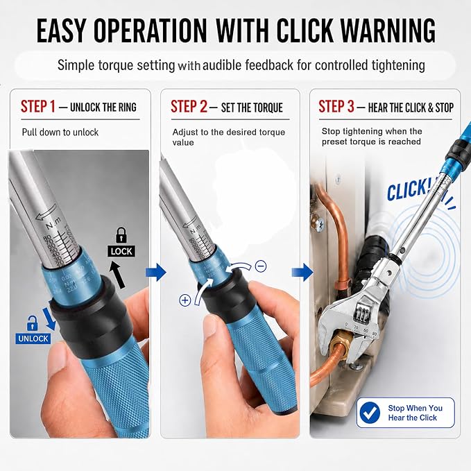 Open End Torque Wrench for Mini Split Installation, 10–80 Nm HVAC Torque Wrench with Adjustable 0–30 mm Head and Click Warning for Flare Nut Connections