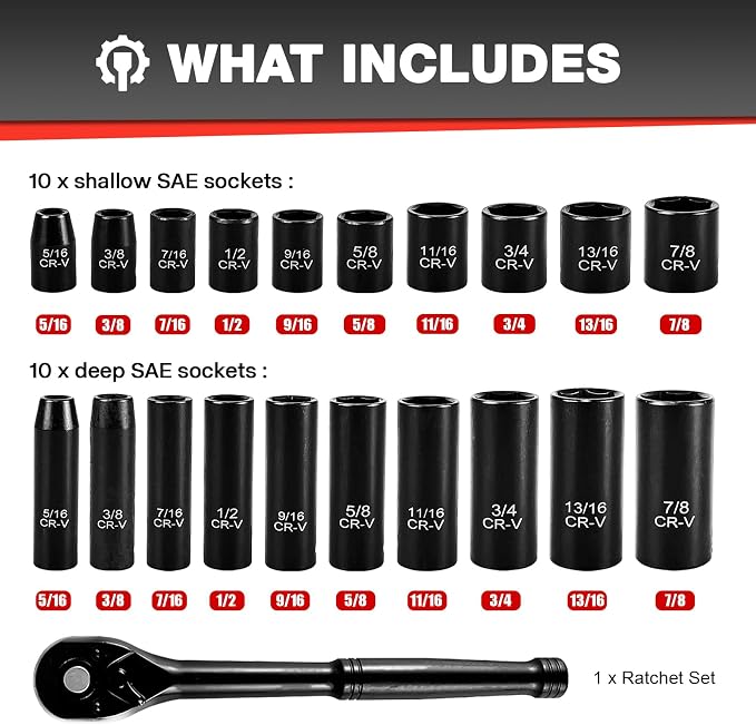 EACELIY 21pcs 3/8" Socket Set,Drive Impact Socket Set, SAE, Deep & Shallow, Cr-V Steel, 6 Point with Adapters, 72T Ratchet Handle, 5/16-7/8inch