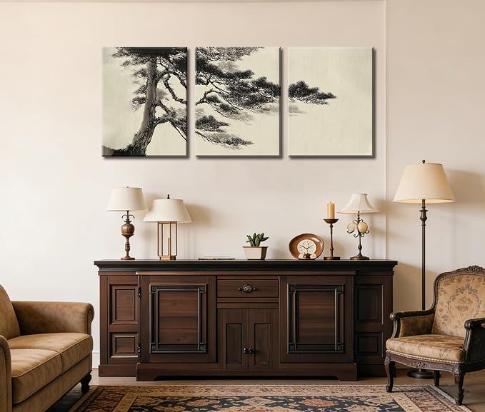 Frimeeme Vintage Sketch Pine Tree Framed Canvas Wall Art Set of 3, Antique Wilderness Forest Wall Decor, Nature Botanical Landscape, 12x16 Inch，Modern Landscape Prints for Living Room Bedroom, 12x16 Inch