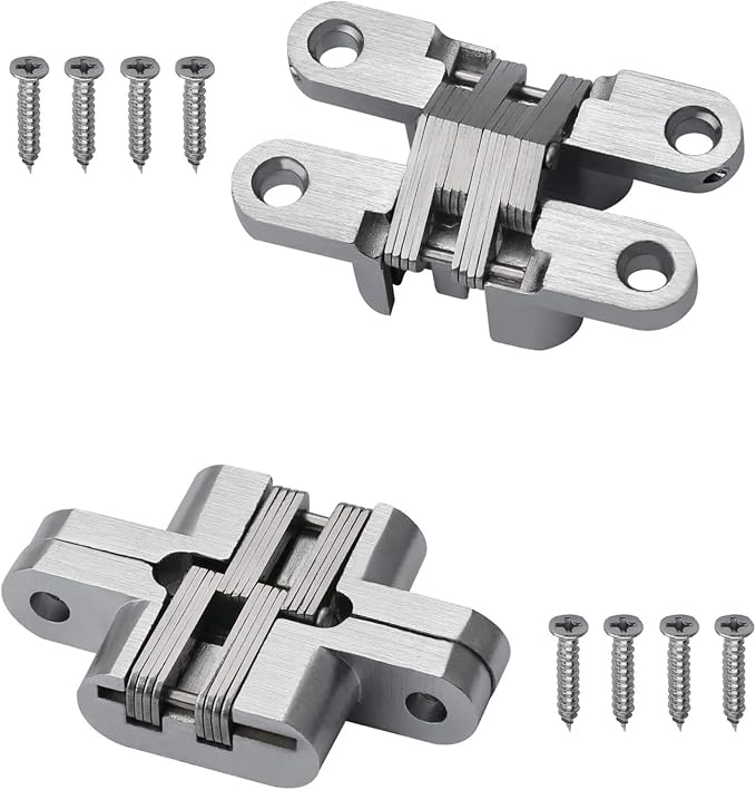 2 Pack 2.76 in Hidden Hinge Invisible Concealed Cross Hinges 180 Degree Folding Door Cross Zinc Alloy Hidden Hinges Swing Invisible Hinge for Cabinet, Cupboard,Wooden Box,with Screws-S5