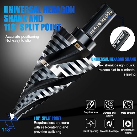 Four Spiral Flute M35 Step Drill Bit Set 1/4" - 1-1/8”(15 Sizes), 3/8" Shank for Metal Step Drill bit, Impact Resistant Cobalt Step Drill Bit, for Stainless Steel, Wood, Aluminum, Plastic
