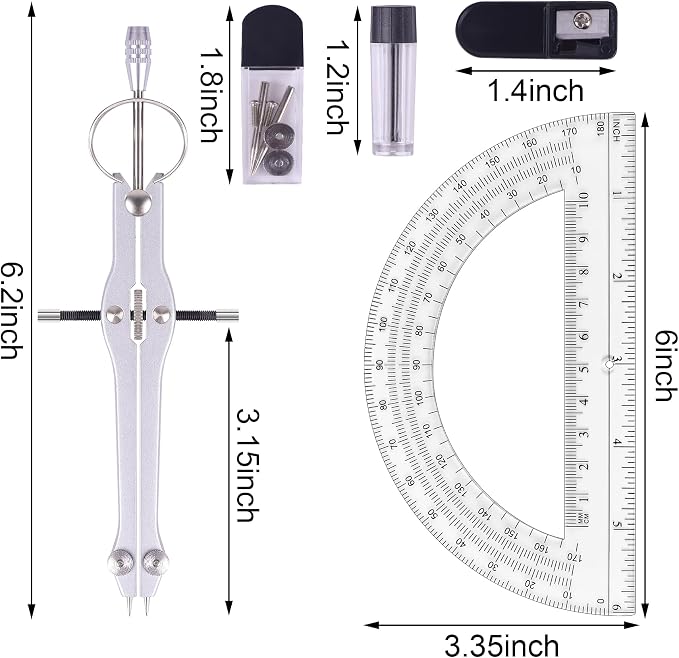 Unjoo Compass and Protractor Set, Professional Drawing Compass Tool, Metal Compass with Extra Refills, Compass for Geometry and 6 Inch Math Protractors 180 Degree (Green)