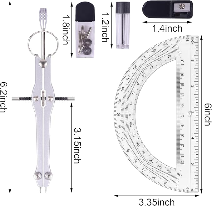 Unjoo Compass and Protractor Set, Professional Drawing Compass Tool, Metal Compass with Extra Refills, Compass for Geometry and 6 Inch Math Protractors 180 Degree (Red)