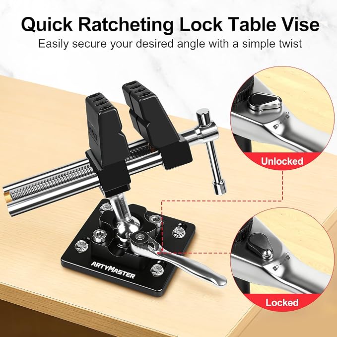 ArtyMaster 360° Rotating Bench Vise with Quick-Release Ratchet Wrench - Versatile Woodworking & Pipe Vise for Home Improvement - 4 Inch Workbench Vise for Carving, Repair & DIY Projects (WT117B)