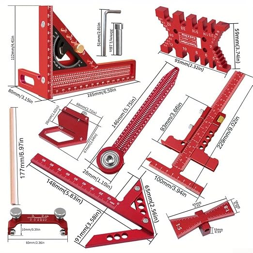 Aluminium Woodwork Measuring and Scribing Tool Set - 9 Piece Precision Kit for Carpentry and DIY Projects with Storage Box(9 Pieces.)