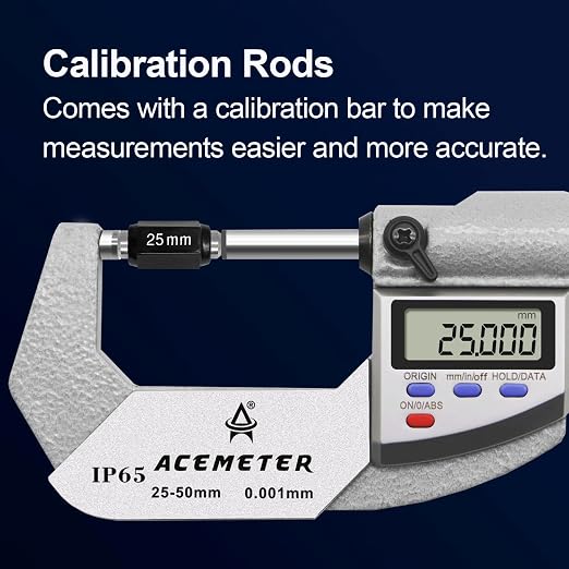 Digital Micrometer, Inch/Metric, Ratchet Stop, 1-2" (25-50mm) Range, 0.00005" (0.001mm) Resolution,Large Screen Digital Micrometer, Meets IP65 Specifications with Standard Ratchet Stop