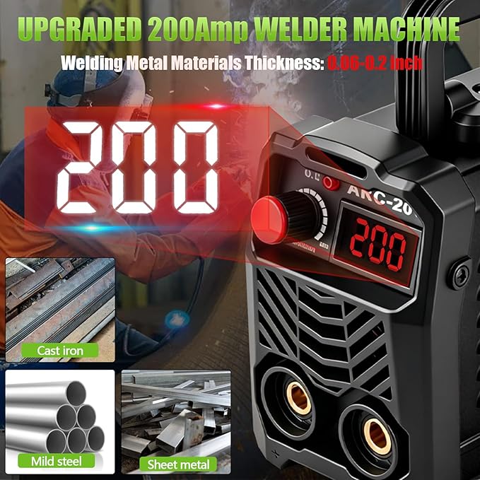 Hpoouo 200Amp 20PCS Rods Stick Welder, Super MINI Portable Welding Machine, IGBT Inverter Welder Machine 110V with Hot Start Arc Force Anti-Stick, for 1/16"-1/8" Rod ARC Welder, 2 Chip Hammers (Black)