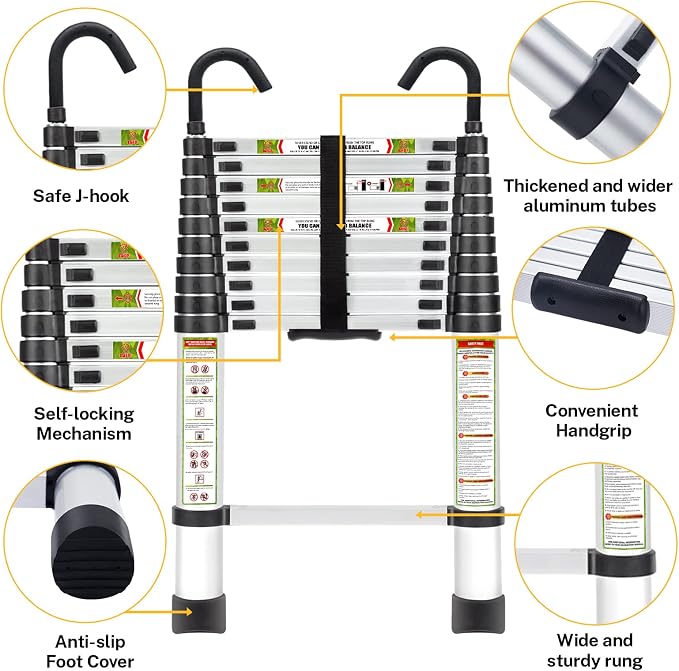 RIKADE Telescopic Ladder, 10.5 ft Aluminum Telescoping Ladder with Non-Slip Feet and Stable Hook, Portable Extension Ladder for Household and Outdoor Working, Max Load 330 lb, Aluminum