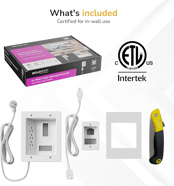 Mount-It! In-Wall TV Cable Management Kit with Power – Triple Outlet, Male Wall Plug and 5ft External & 9ft Behind the Wall Cords, Hand Saw – Easy, Safe Cable Management for TV and Home Theater Setups