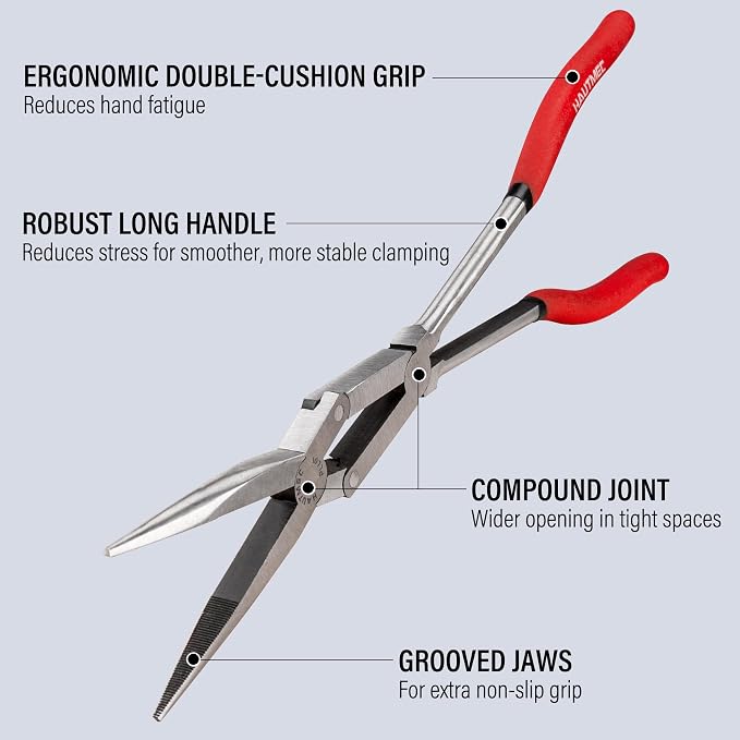 HAUTMEC Extra Long Needle Nose Pliers Set, 3PCS 13" Double Joint Long Reach Pliers, Circle Nose, Straight & 45° Bent Nose Plier, Extended Reach for Narrow Spaces, Automotive & DIY Repairs