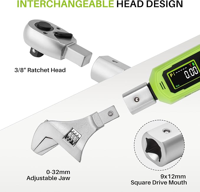 Adjustable Open End Digital Torque Wrench 3/8" Drive 0.66-44.2Ft.Lb | Interchangeable Electronic Torque Wrench (0.9-60N.m),32 mm 2% Accuracy for HVAC Automotive Moto Narrow Pipeline,Prec. Parts