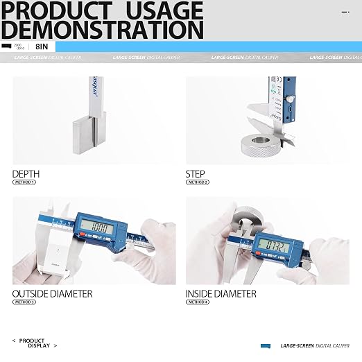 Dasqua 8" IP54 Digital Caliper, Stainless Steel Water-Resistant Precision Measuring Tool with Large LCD, Inch/Metric/Fraction Switch, Resolution 0.0005"/0.01mm/1/128, Accuracy ±0.001"/0.02mm