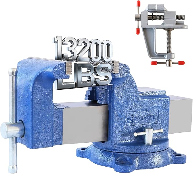 6" Heavy-Duty Bench Vise 13200LBS Stronger Clamping Force Ductile Iron Bench Vise 6 Inch 360° Swivel Bench Vice with Anvil Blue, Include Mini Bench Vice Clamp