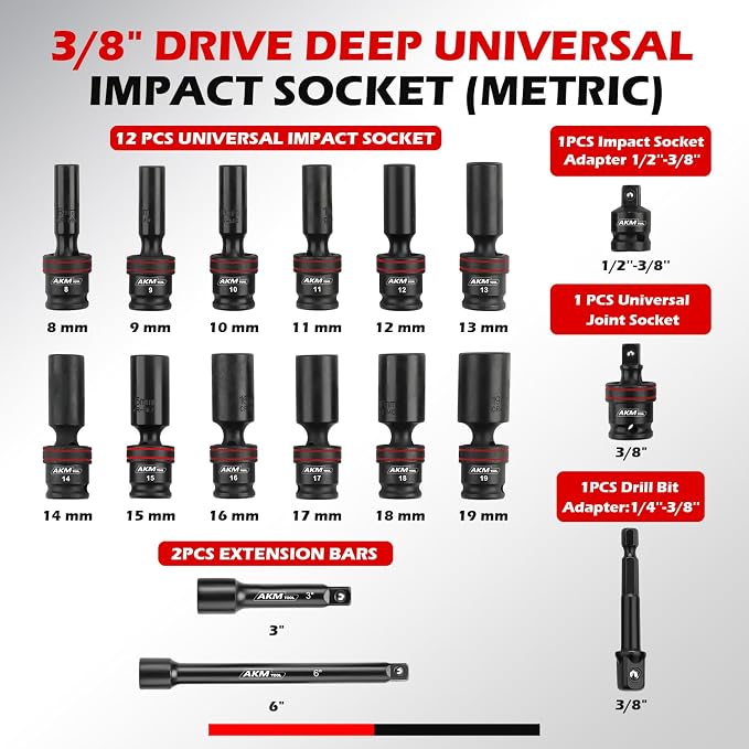 3/8" Drive Universal Impact Socket Set, 17 Piece Deep Swivel Socket Set, Wobble Sockets, Flexible, 6-Point, Metric, 8-19mm, Cr-Mo with 3" 6" Extension Bars and Adapter