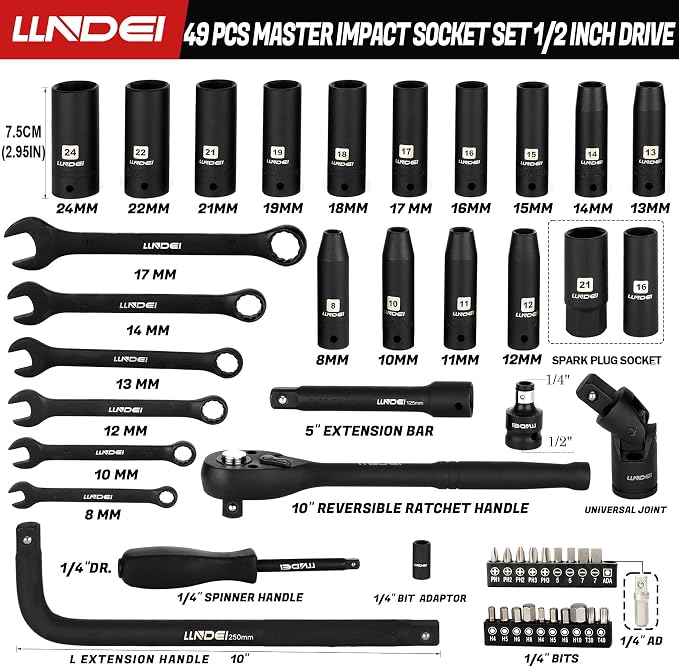 1/2" Impact Socket Wrench Set: 49Pcs Tool Wrench Set, CR-V, Metric | Combination Wrenches (8-17mm), Deep Sockets(8-24mm), Spark Plug Socket(16,21mm), Household&Automotive Repairing