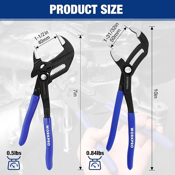 WORKPRO 2 PCS 7-Inch Pliers Wrench & 10-Inch Groove Joint Pliers Set, CR-V | Quick Adjustment, Smooth Jaw & V-Jaw, Upgraded Wide Opening, Ergonomic Grip - for Plumbing, Pipe Work, DIY Projects