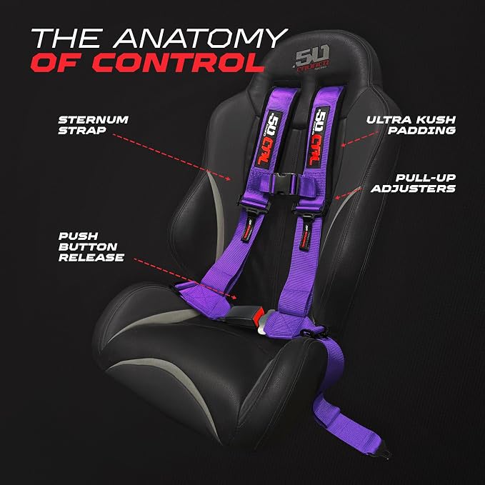 1pc 50 Cal purple 4 Point Harness 3in Straps, Racing Harness Seat Belt | Ultra Kush padding, Push Button quick release hardware. Universal Fit for UTV, RZR, race car.