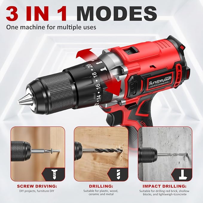 1060In·lbs Cordless Hammer Drill - 21V Brushless Power Drill Set with 2 × 4.0Ah Batteries, 20+3 Torque Settings, 2 Speeds, Fast Charger, 1/2" Metal Chuck for Lightweight-Concrete Wood Metal