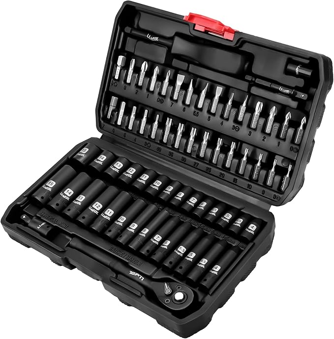 LLNEDL 1/4" Impact Socket Set, 63Pcs Drive Wrench Set Metric | Deep and Shallow 6 Point, Automotive Tool Kit with 72T Ratchet for Bicycle & Car Repairing