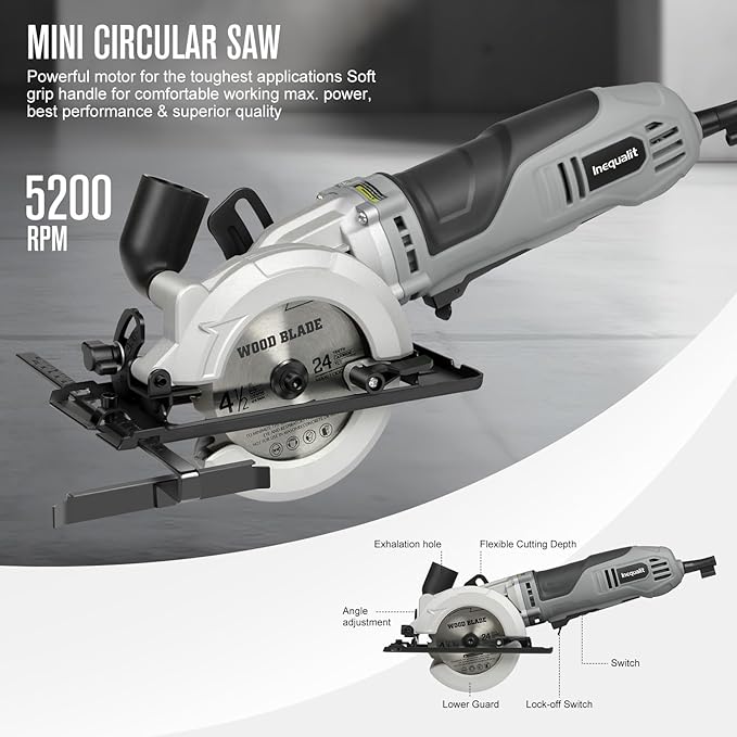 710W Mini Circular Saw, 5200RPM 6Amp Corded Compact Saw with 4-1/2" 24T TCT & 60T HSS Blade, Parallel Guide Ruler, Allen Wrench, Vacuum Adapter, Max Cutting Depth 1-2/3"(90°) 1''(45°)
