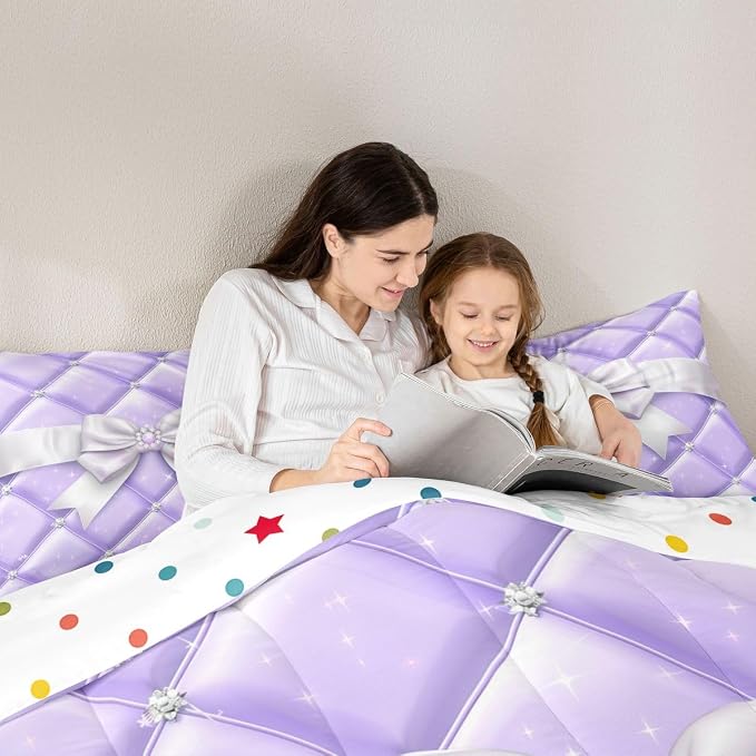 Feelyou Cute Purple Bow Kids Comforter Set Queen Size Glitter Bowknot Bedding Set Princess Duvet Quilt for Kids Boys Girls Bedroom Decor Microfiber Ultra Soft Breathable