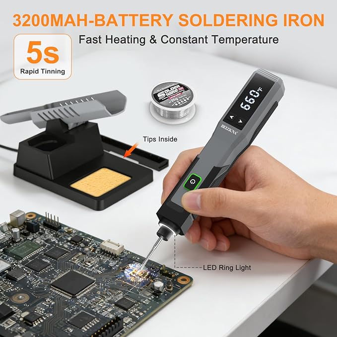 Soldering Iron Kit Cordless Soldering Iron 5s Fast Heating 392-932℉ 3200mAh Battery, LED Display, Auto Sleep, Portable Electric USB Rechargeable Solder Gun Wireless Welding Pen for Precision Repair