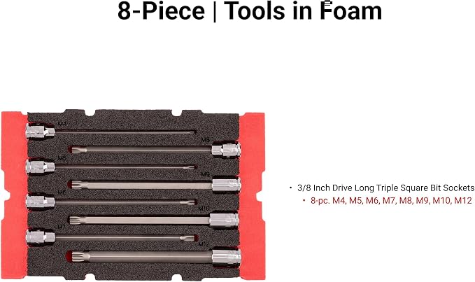 TEKTON Long Triple Square Bit Socket Set, 8-Piece | SHB91705 | 3/8 Inch Drive, (M4 - M12), Stacking Organizer, Custom Foam
