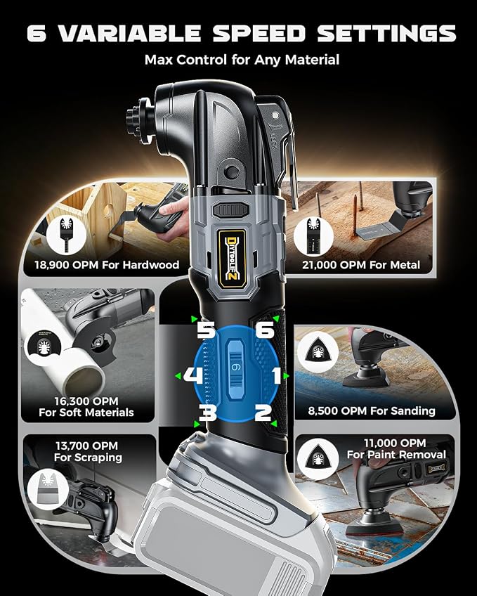 DIYtoolifz Cordless Oscillating Tool Compatible with Dewalt 20V Battery, 6 Variable Speed Brushless-Motor Oscillating Multi Kit for Cutting Wood Drywall Nails Remove Grout & Sanding(Tool Only)