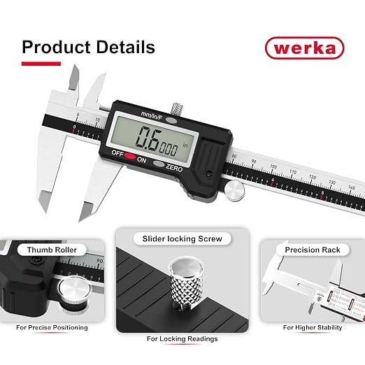 werka Digital Caliper, Calipers Measuring Tool, Auto-Off Micrometer Caliper with 0.001”High-Accuracy,Inch/Fraction/Millimeter Conversions Button,4 Measuring Ways, Stainless Steel (8 Inch)