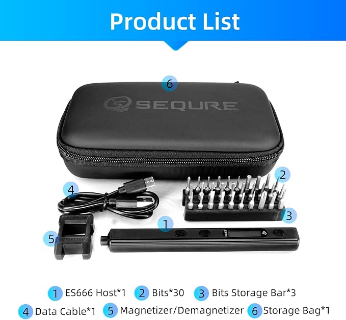 SEQURE ES666 Electric Screwdriver Set Cordless Rechargeable Screwdriver Auto/Sensor/Fixed Mode Precision Power Screwdriver with 30 Magnetic Bits 7 Torque Gears Max 2.2N.m Repair Tool for Electronics