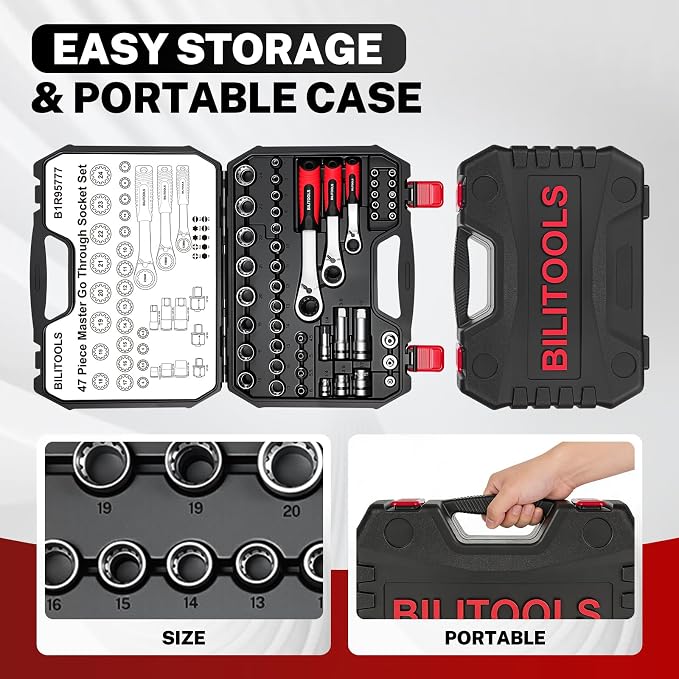 BILITOOLS 47 PCS Pass Through Socket Set with 1/4" & 3/8" & 1/2" Drive | Convertible Ratchet Wrenches (13/19/22mm), Spline Sockets and Bits, Pass Thru Go Through Mechanics Tools Set For Tight Spaces