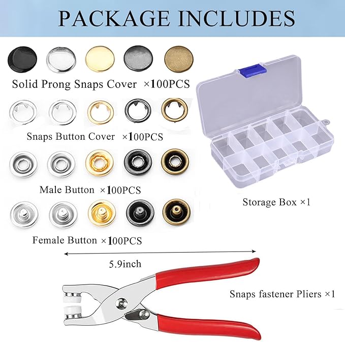 GTAAOY 100 Sets 9.5mm Metal Snaps Buttons with Fastener Pliers Press Tool Kit Perfect for Baby Crafts Clothes Hats and Sewing, Snap Button Fasteners Kit for Baby Clothing Sewing
