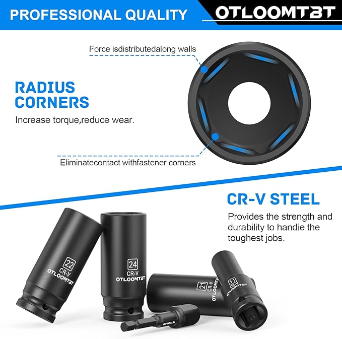 OTLOOMTBT 14-Piece 1/2-Inch Super-Rugged and Durable Impact Socket Set, Well-Made Industrial Grade Thicker Metric Deep Sockets & Socket Sets with Drill Socket Adapter 1/2 Drive, exceed than ANSI
