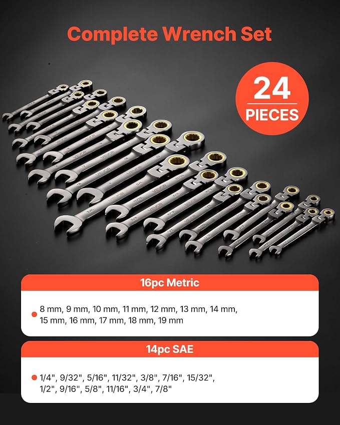 VEVOR 24-piece Ratcheting Wrench Set with 180° Flex Head, Anti-Slip Tooth, Combination Wrench Sets with Organizer Box, Metric 8-19mm & SAE 1/4-3/4", Nickel Plating