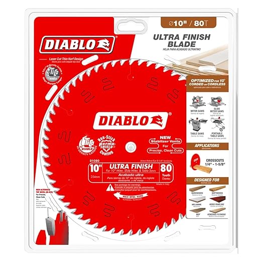 Diablo Ultra Finish Saw Blade for Wood - 10" Diameter, 80 Hi-ATB Teeth, 5/8" Arbor, .098" Kerf, 15-Degree Hook Angle, .071" Plate, 6000 Max RPM - D1080X