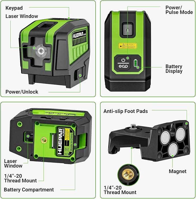 HUEPAR 3 Point Self Leveling Laser Alignment Tool with Plus Mode (98-165Ft), Laser Plumb Dots Level with 360° Magnetic Base Includes 2 AA Batteries & Hard Carrying Case - PL300G