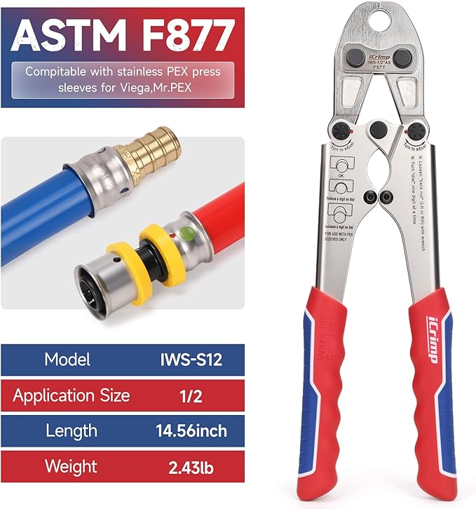 iCrimp PEX-B Stainless Steel Sleeve Tool, 1/2", Compatible with Viega Pureflow Sleeves