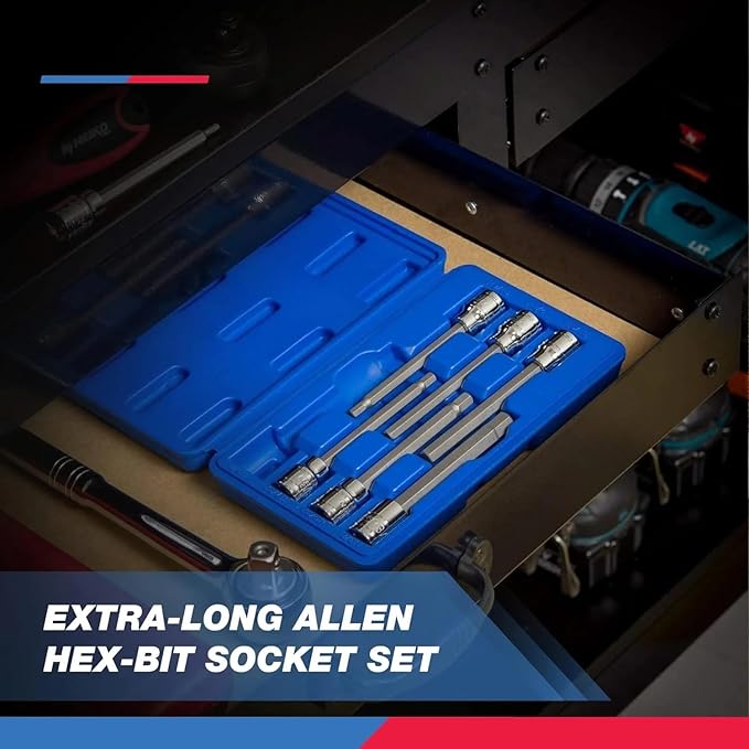 Neiko 10077A 3/8” Drive Metric Extra Long Allen Hex Bit Socket Set | 10 Pieces | Sizes 3mm – 10mm | Shaft Length 6” | Premium S2 Steel Bits | Heavy Duty Cr-V Sockets | Exceeds ANSI Standards
