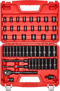 VEVOR 3/8" Drive Impact Socket Set, 50-Piece, Deep & Shallow Kit | SAE (5/16" to 3/4") & Metric (8-22 mm), 6 Point, CR-V, Ratchet Handle, Extension Bars, Universal Joint, Reducer, Adapter