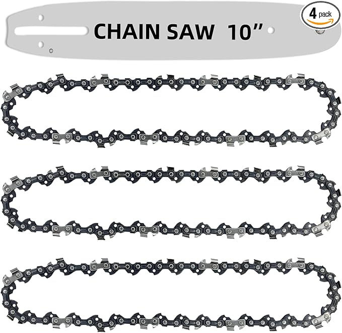 [4 Pieces] 10 Inch Chainsaw Chain with Replacement Guide Bar S40 3/8" LP Pitch .050" Gauge 40 Drive Links, 10" Chains Fit For Remington, Sunjoe, Greenwork, Echo, Craftsman and more (3Chains 1Bar)