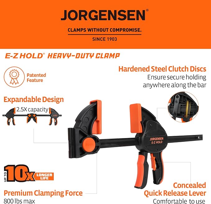 Jorgensen E-Z Hold 800LBS Heavy Duty Clamps, 18 Inch 2-Pack Expandable Clamp/Spreader, One Hand Bar Clamps, Trigger Clamp, Bar Clamps for Woodworking