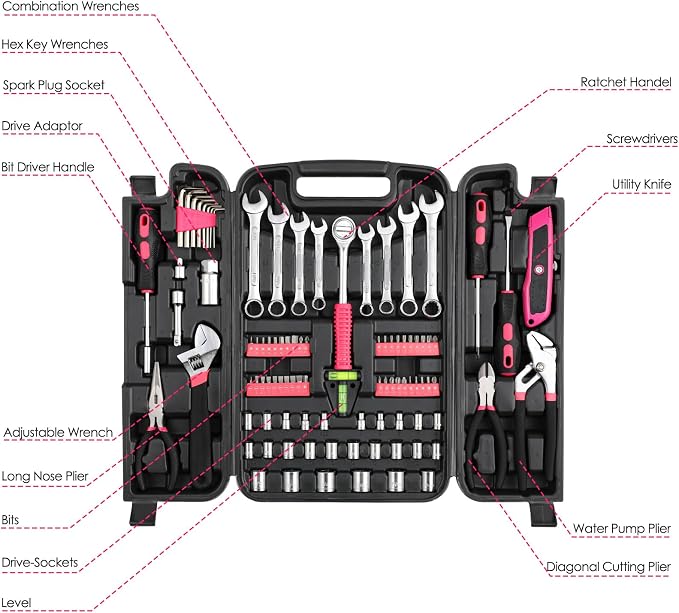 TLGREEN 95-Piece Home Tool Set with Storage Case, Pink | Wrench, Pliers, Sockets And Bits in One Case; Household Maintenance, Apartment Projects And DIY Repairs